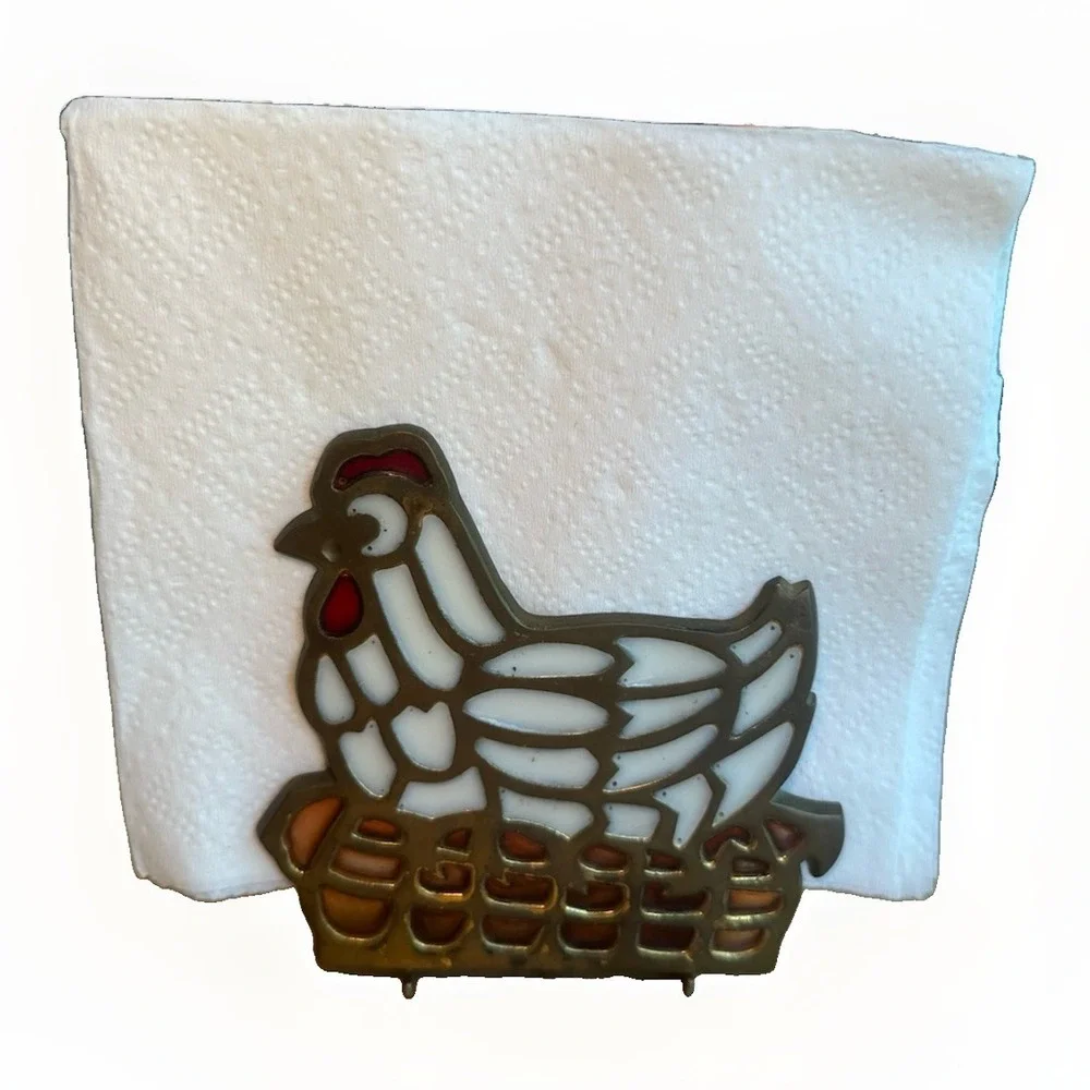 Vintage Chicken Hen Stained Glass Brass Napkin Holder Letter Coaster Holder